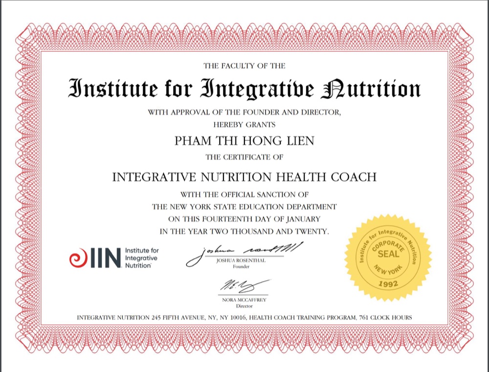 Chứng chỉ Integrative Nutrition Health Coach - Institute for Integrative Nutrition
